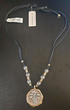 St. Thomas Signed Dragonfly Charm Pendant Cord Necklace Adjustable Slide